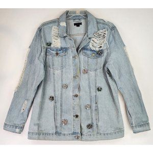 J W Styles Jean Jacket Womens Large Blue Denim Ripped Grunge Star Rhinestones